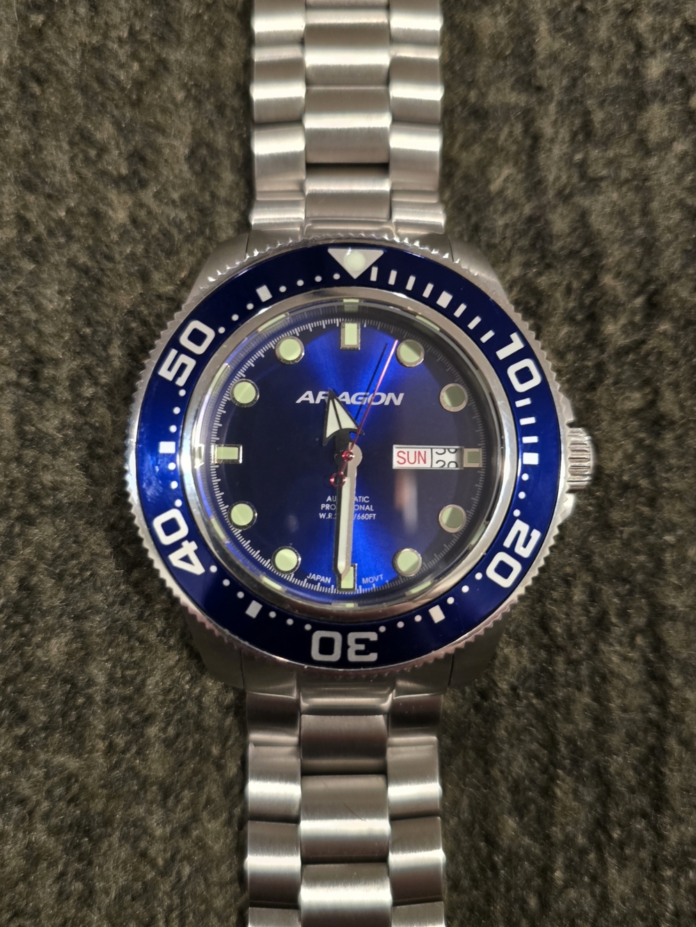 Aragon Blue Diver Style Stainless Steel Watch 50mm 24 Jewels Japan Automatic
